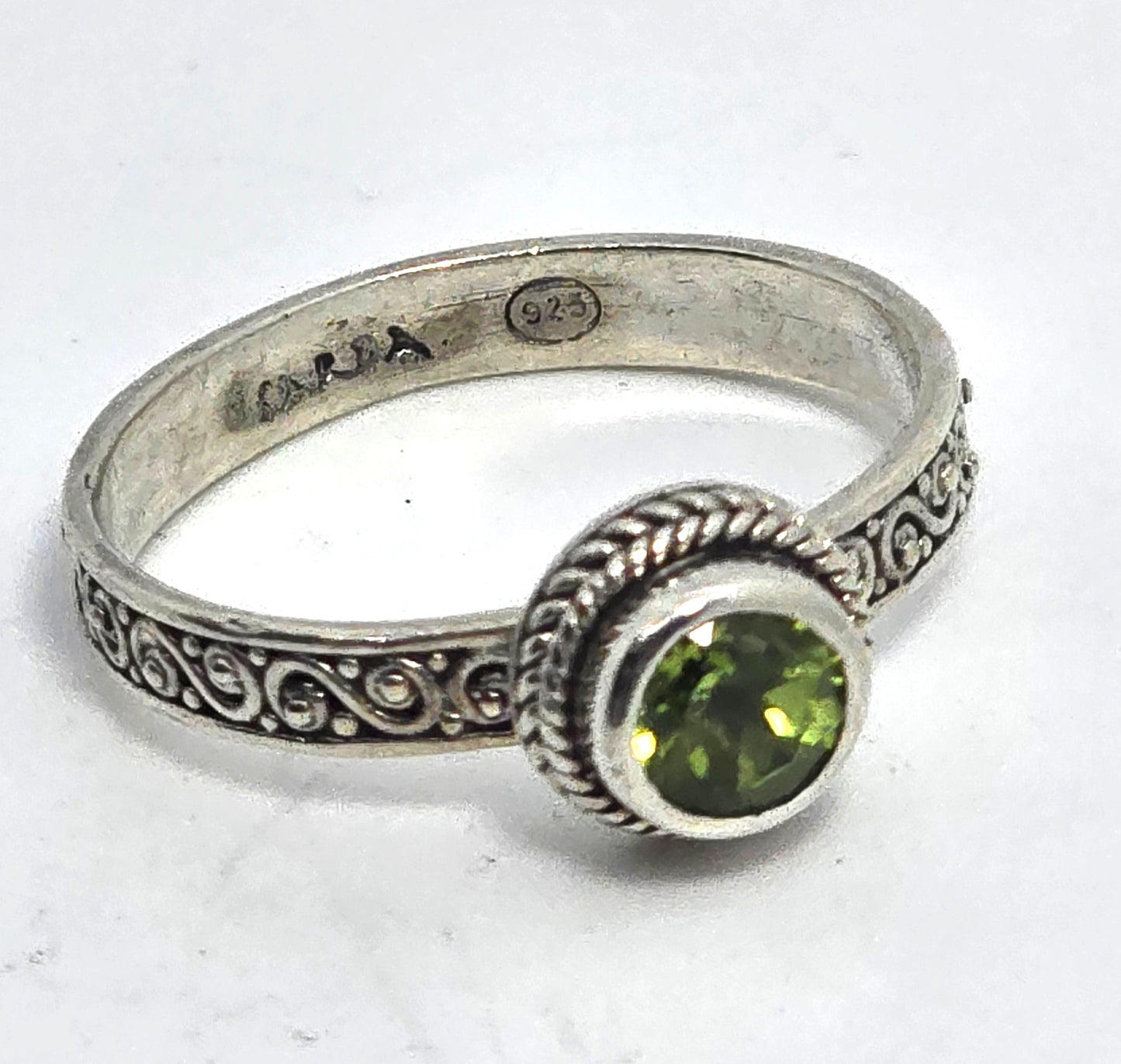 Sarda green peridot gemstone tribal Bali stacker sterling silver ring size 8