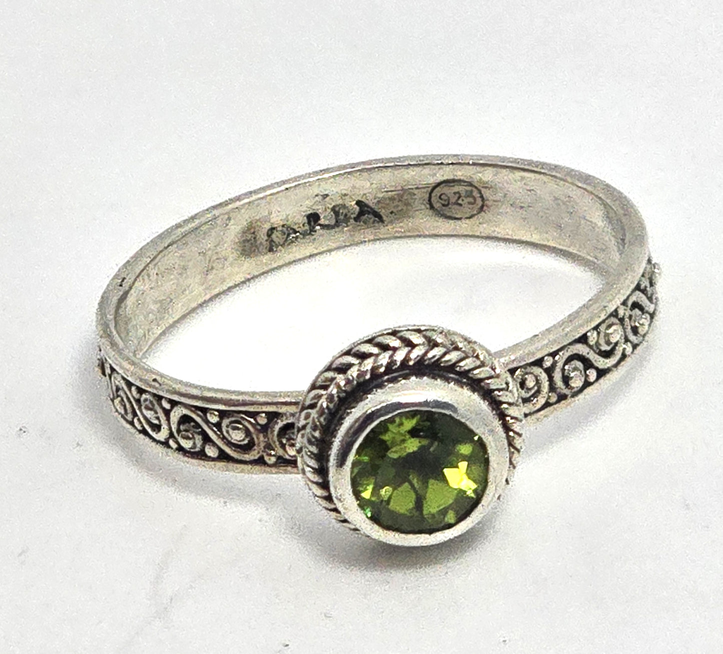 Sarda green peridot gemstone tribal Bali stacker sterling silver ring size 8
