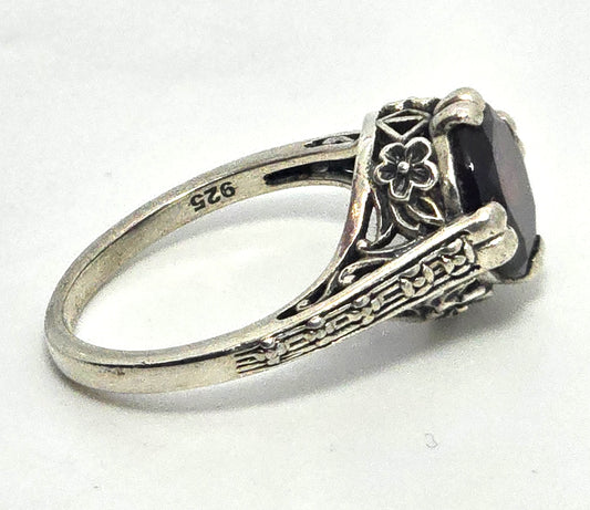 Art Deco style flower filigree garnet sterling silver ring size 6