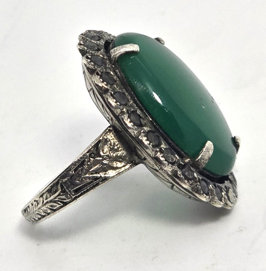 Art Deco Green Chrysoprase and marcasite sterling silver vintage ring size 3.5