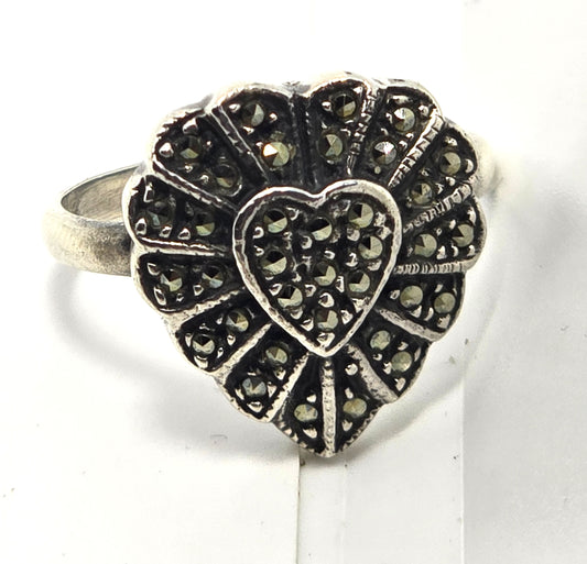 Judith Jack Marcasite Heart sterling silver signed retro vintage ring size 8.5