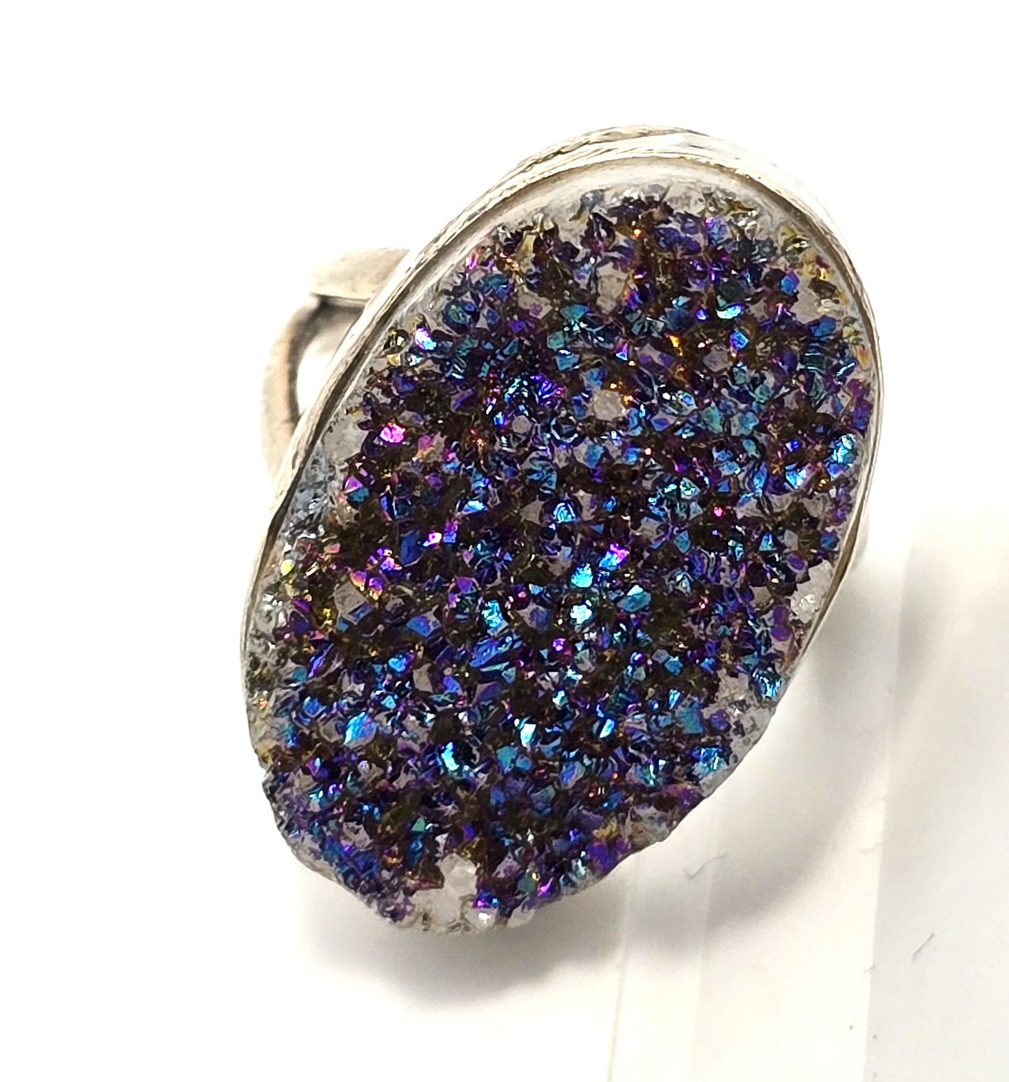 Purple Peacock Aura Titanium Druzy quartz gemstone sterling silver ring size 6