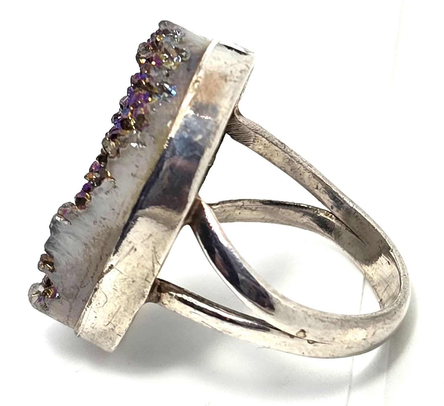 Purple Peacock Aura Titanium Druzy quartz gemstone sterling silver ring size 6