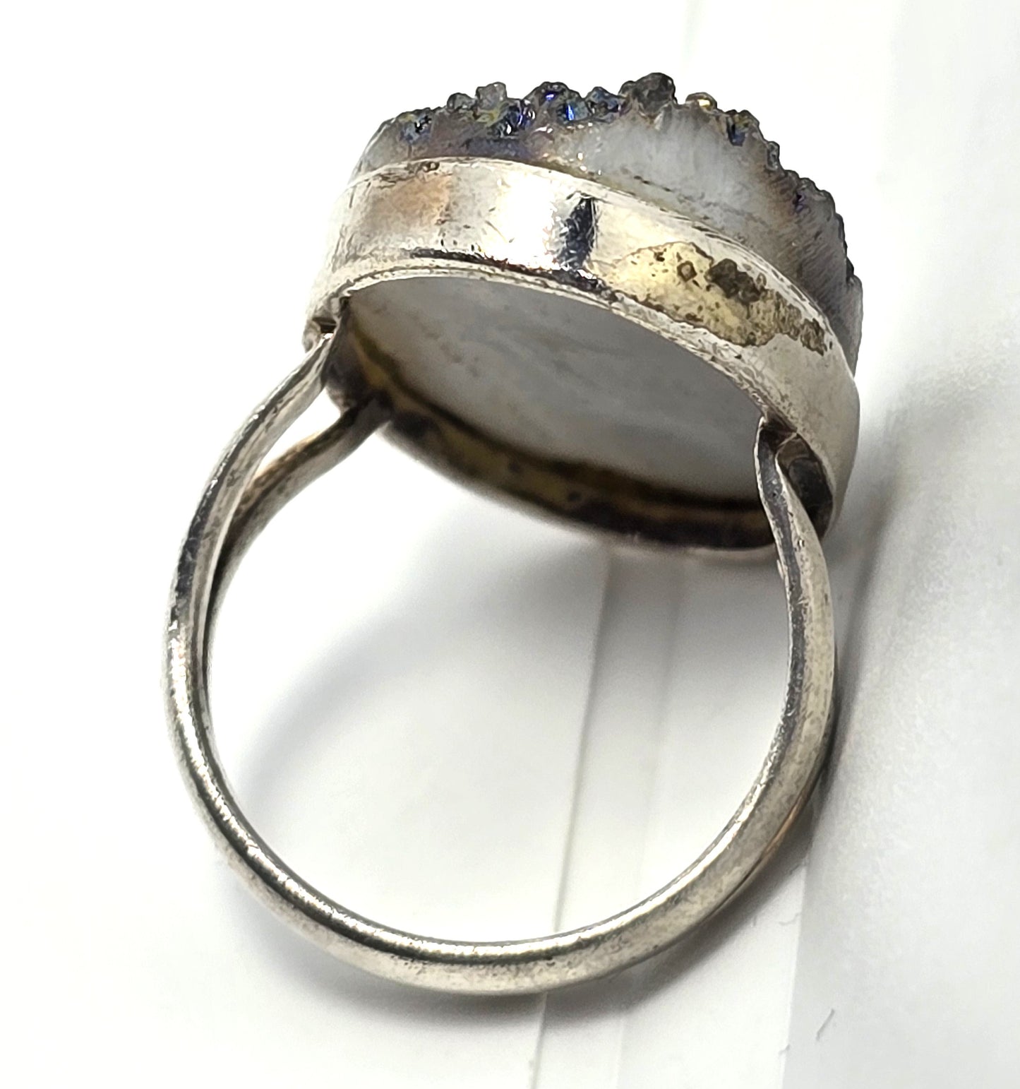Purple Peacock Aura Titanium Druzy quartz gemstone sterling silver ring size 6