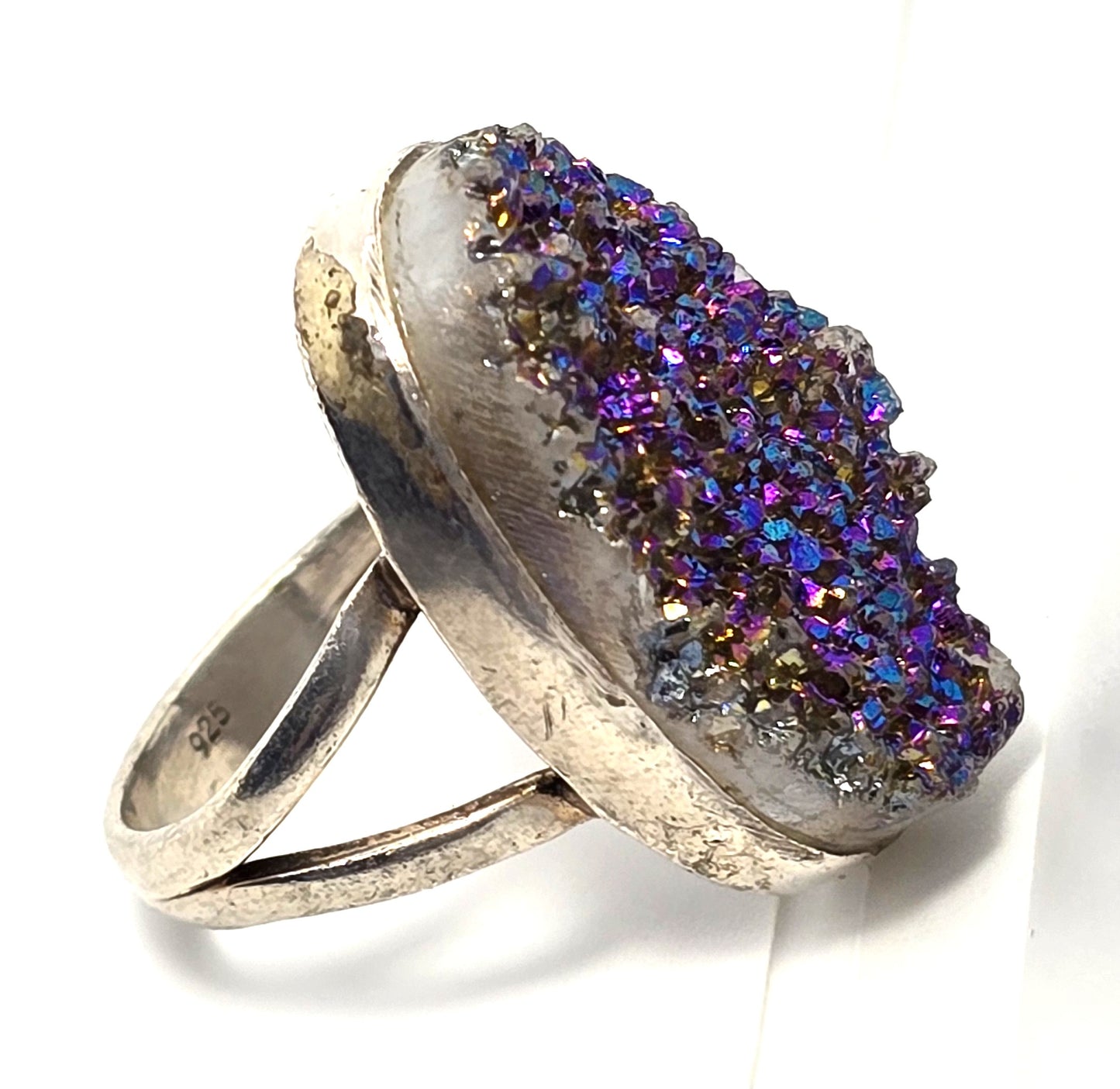 Purple Peacock Aura Titanium Druzy quartz gemstone sterling silver ring size 6