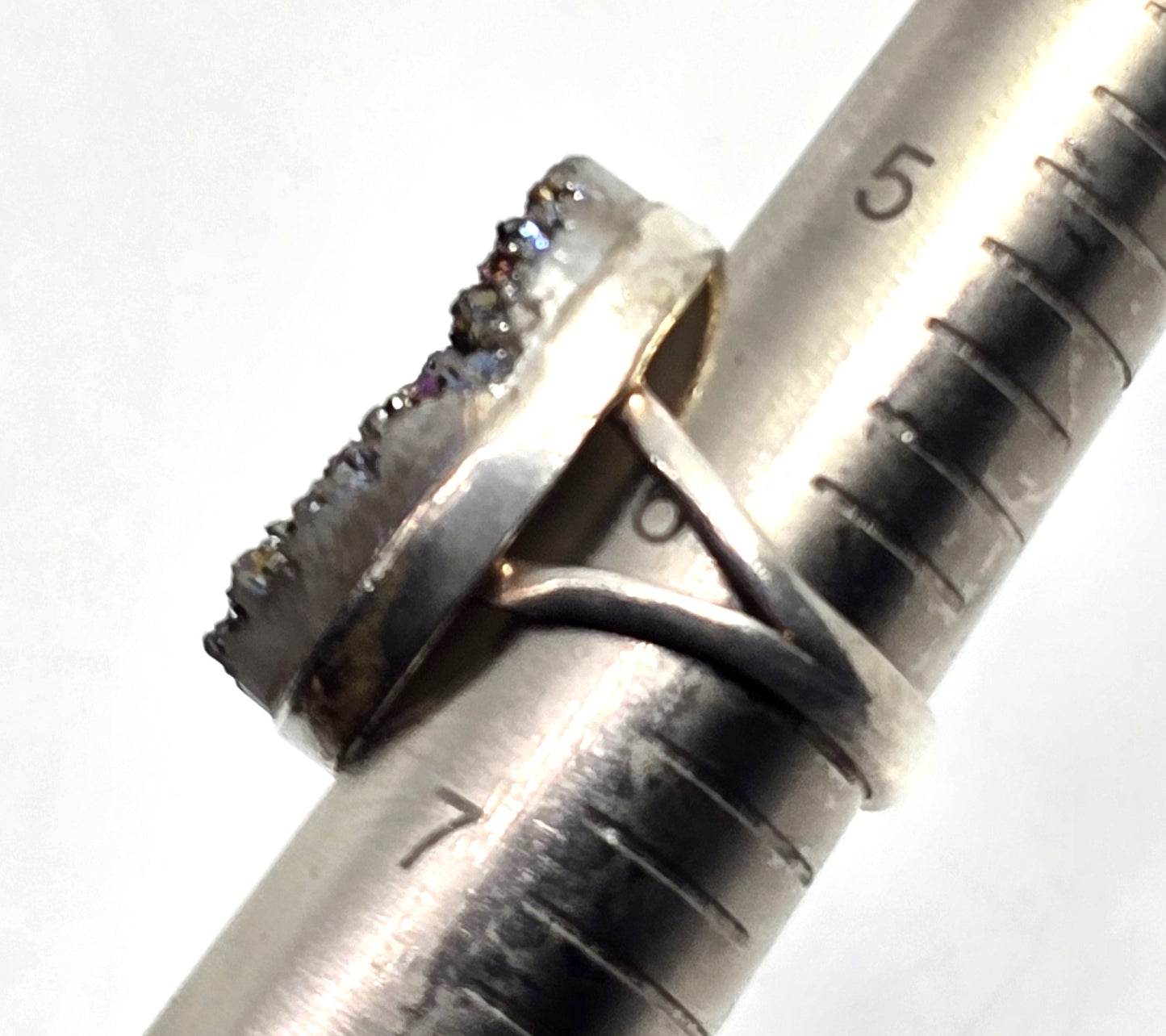 Purple Peacock Aura Titanium Druzy quartz gemstone sterling silver ring size 6