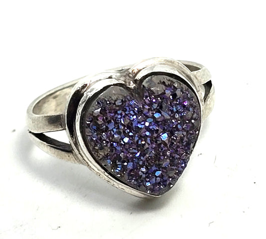 Purple Peacock Aura Titanium Druzy quartz heart gemstone sterling silver ring size 7