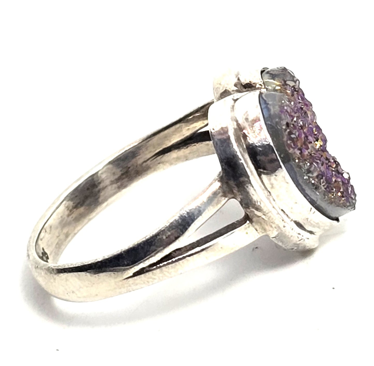 Purple Peacock Aura Titanium Druzy quartz heart gemstone sterling silver ring size 7