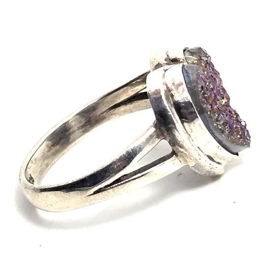 Purple Peacock Aura Titanium Druzy quartz heart gemstone sterling silver ring size 7