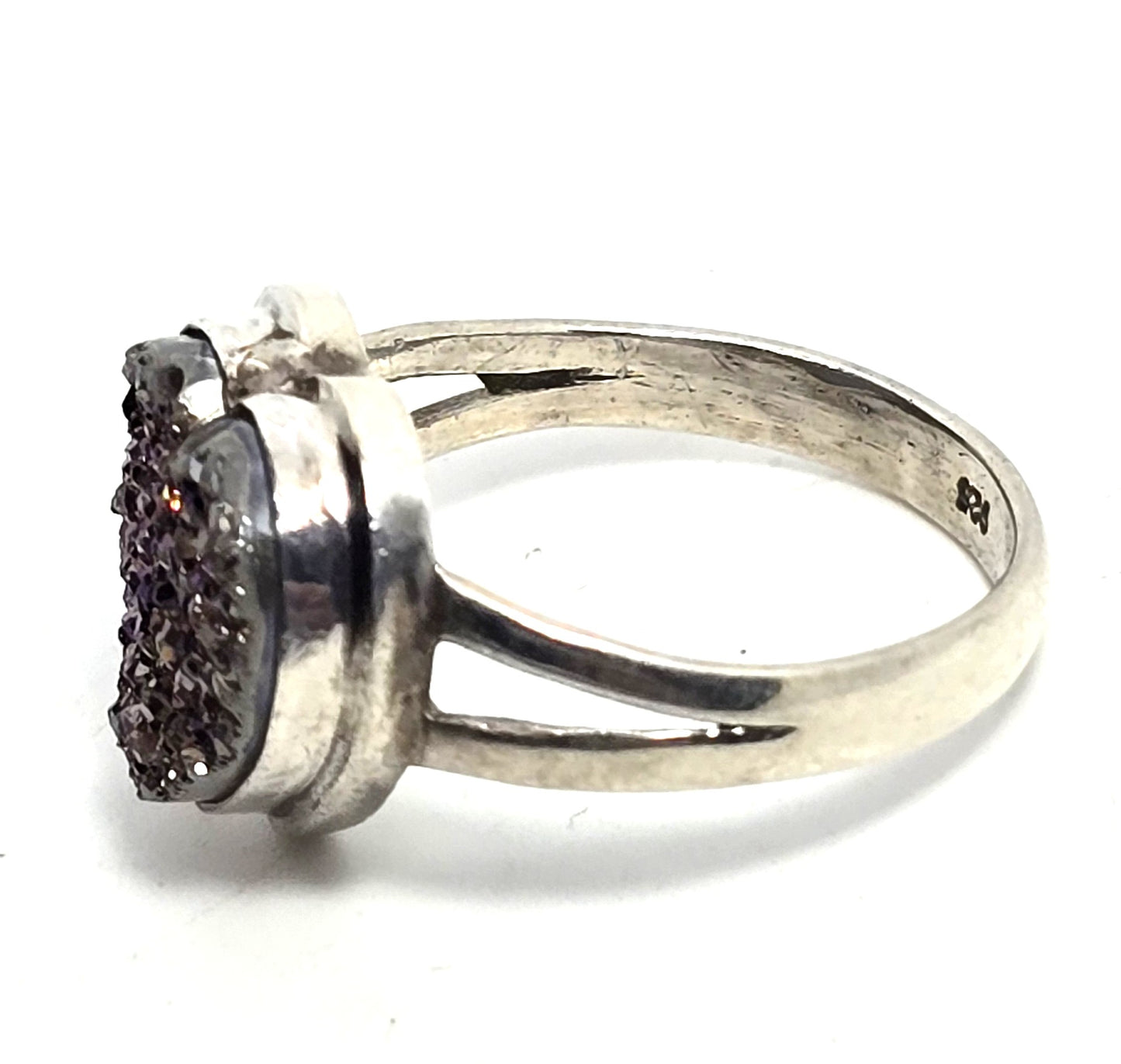 Purple Peacock Aura Titanium Druzy quartz heart gemstone sterling silver ring size 7