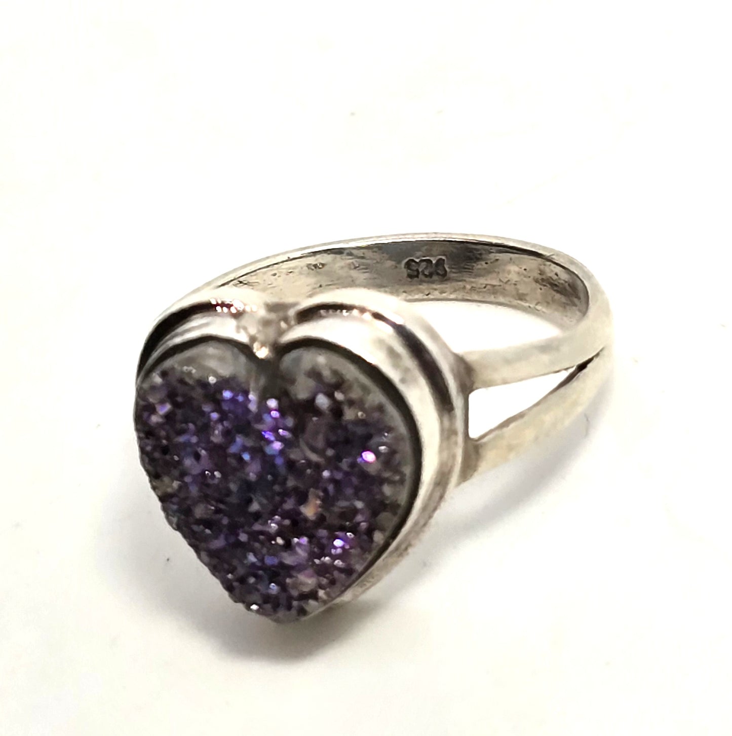 Purple Peacock Aura Titanium Druzy quartz heart gemstone sterling silver ring size 7