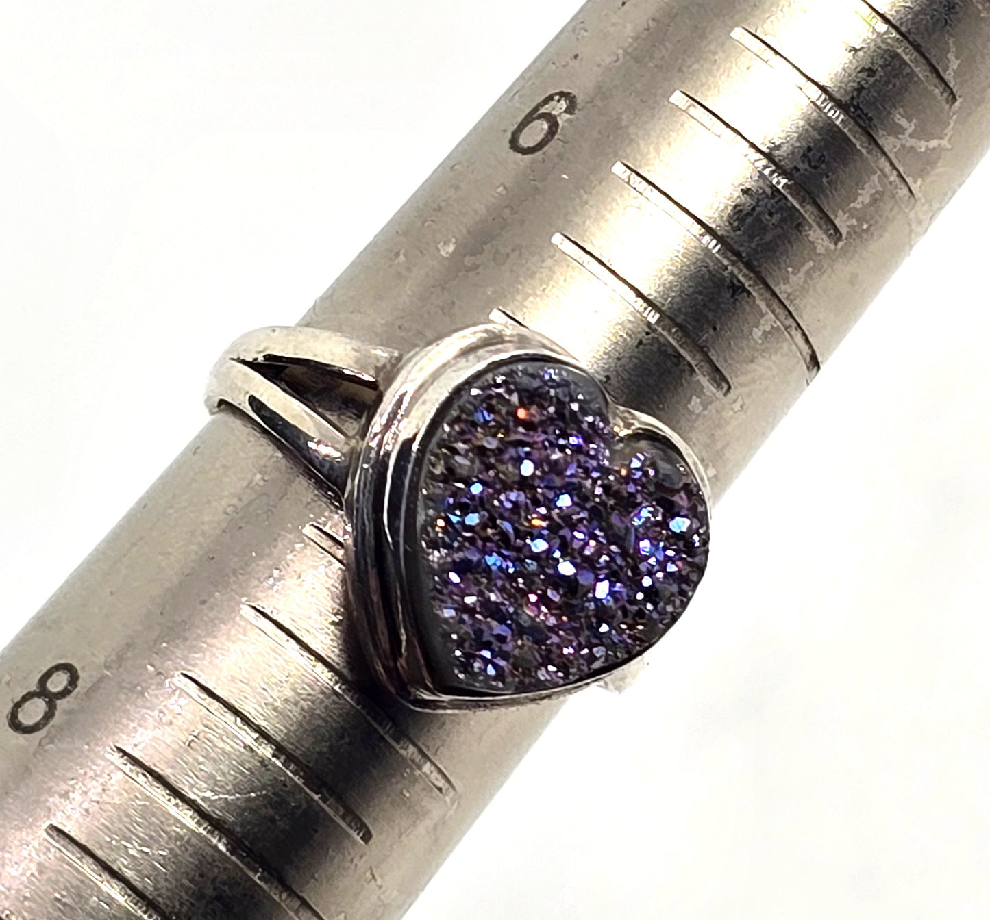 Purple Peacock Aura Titanium Druzy quartz heart gemstone sterling silver ring size 7
