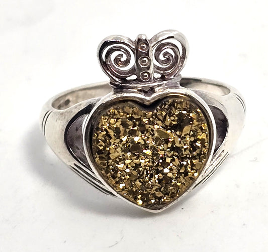 Ireland Claddagh Gold Titanium Druzy quartz heart sterling silver ring size 10