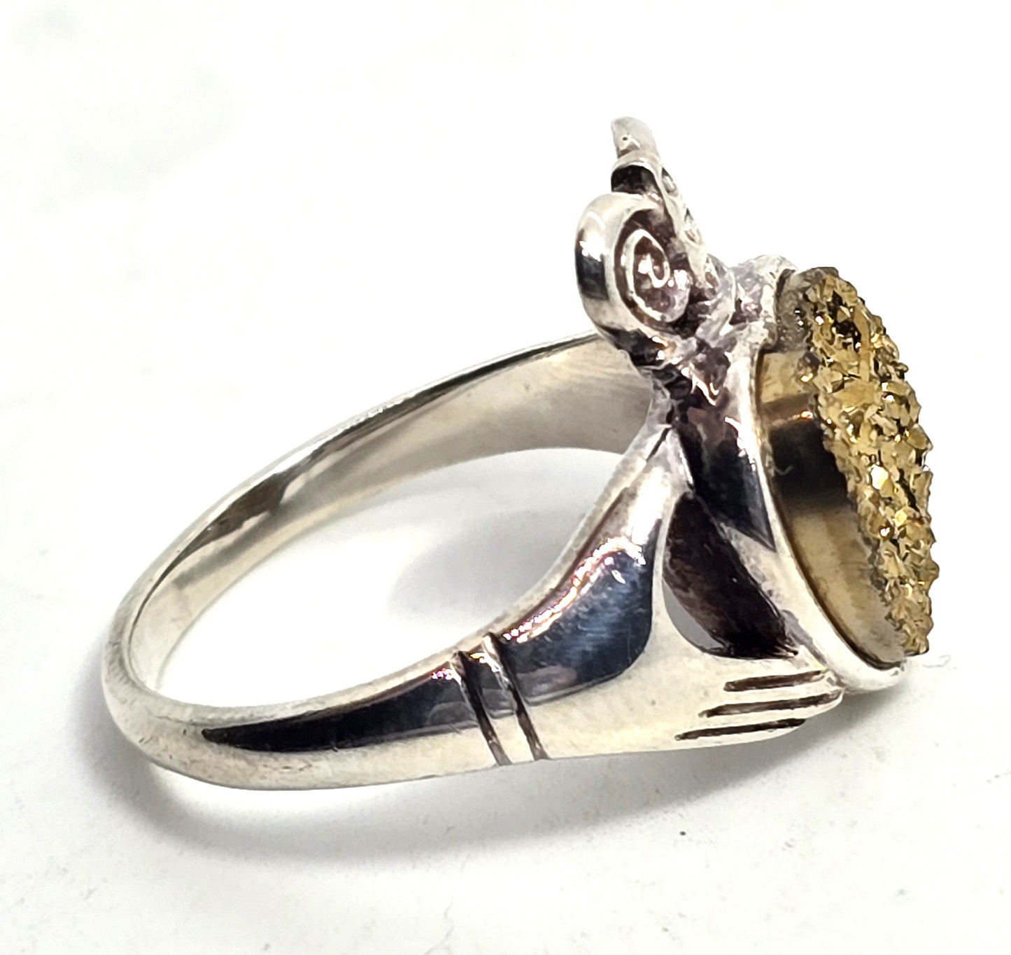 Ireland Claddagh Gold Titanium Druzy quartz heart sterling silver ring size 10