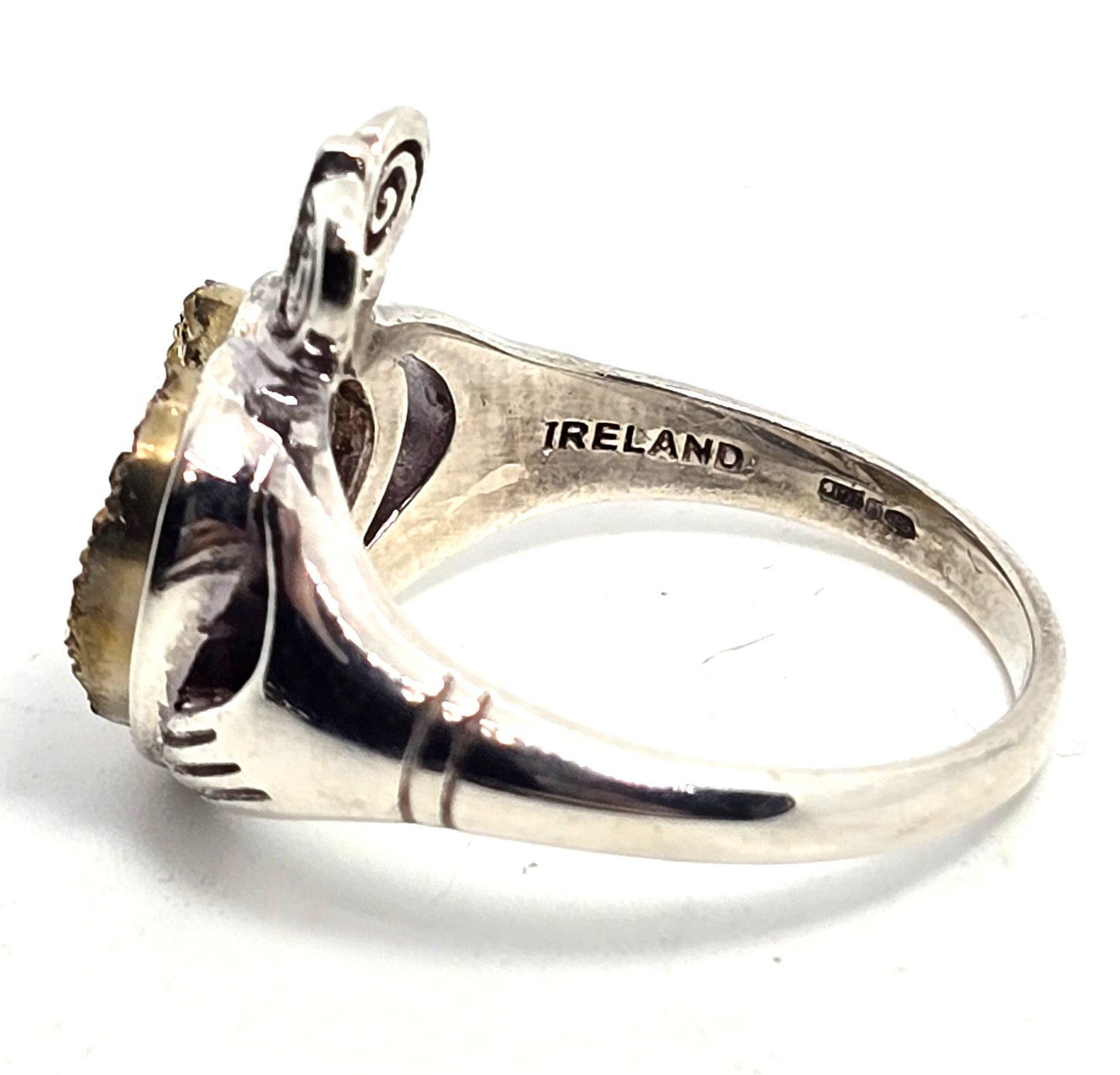 Ireland Claddagh Gold Titanium Druzy quartz heart sterling silver ring size 10