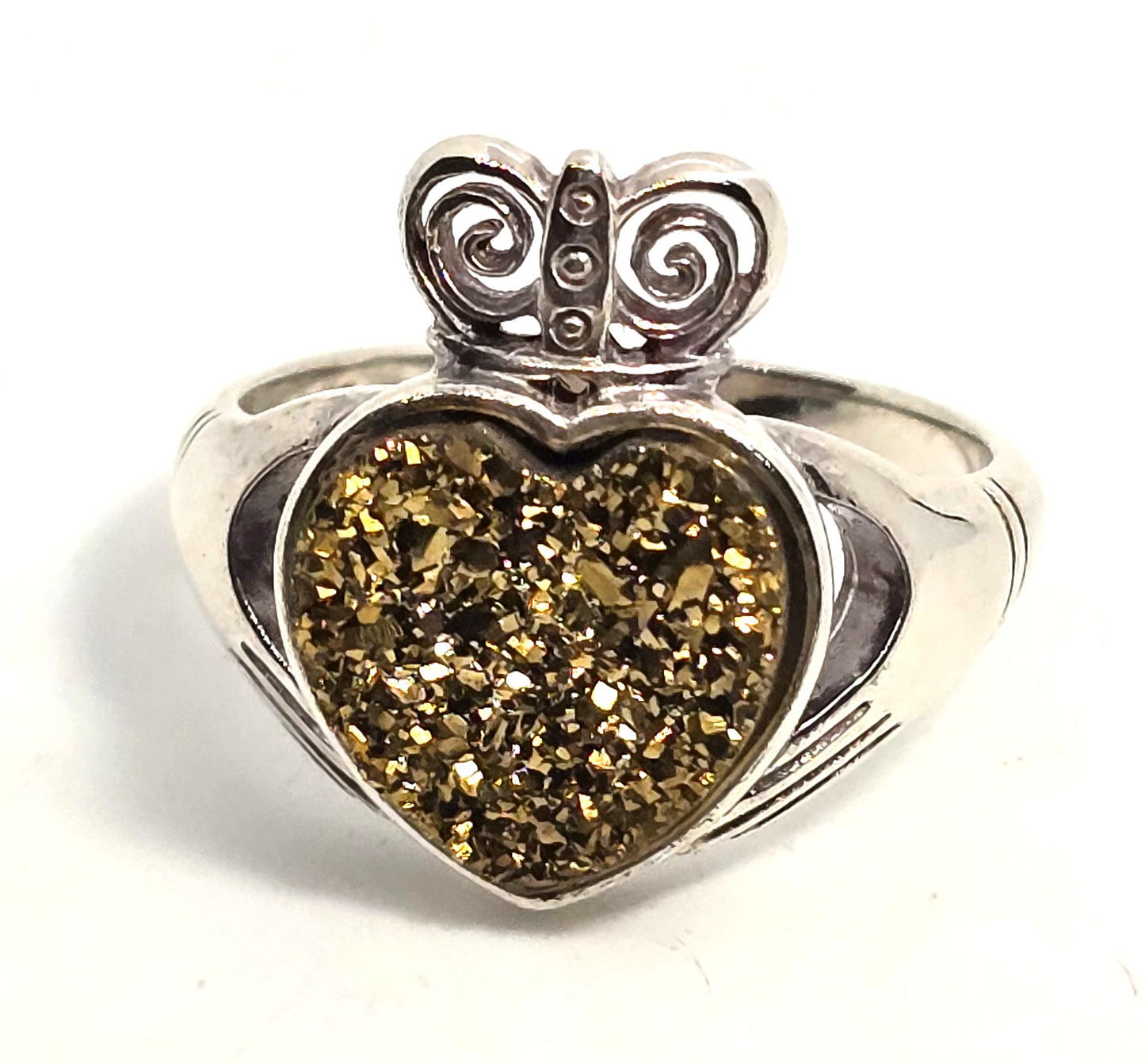 Ireland Claddagh Gold Titanium Druzy quartz heart sterling silver ring size 10
