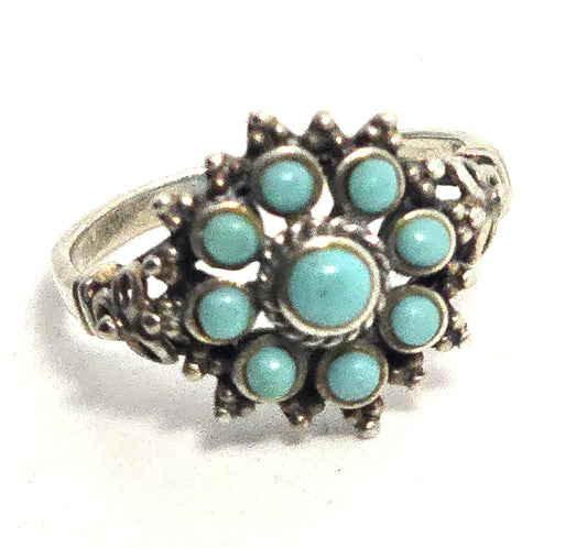 Zuni Snake Eyes flower petite point turquoise vintage Sterling Silver ring size 8.5