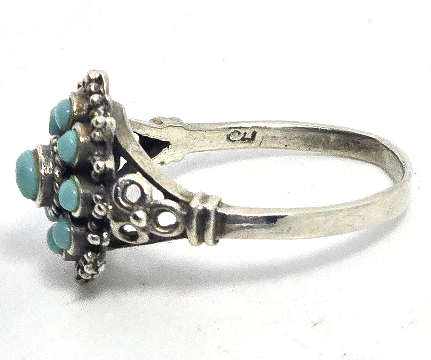Zuni Snake Eyes flower petite point turquoise vintage Sterling Silver ring size 8.5