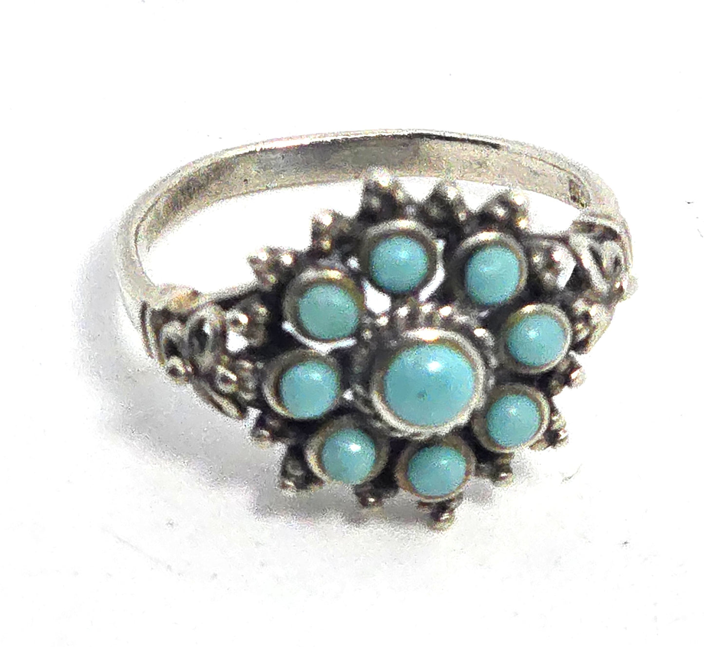 Zuni Snake Eyes flower petite point turquoise vintage Sterling Silver ring size 8.5