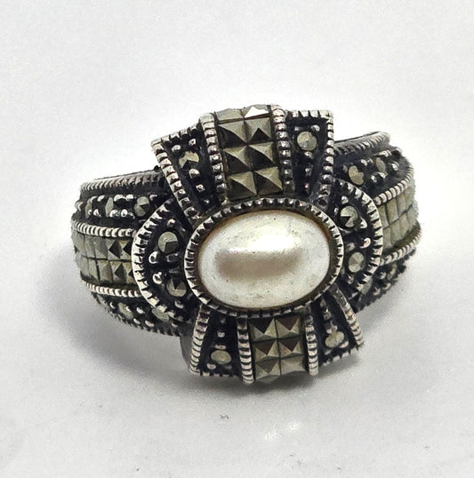 Judith Jack Marcasite pearl sterling silver signed Art Deco style vintage ring size 6