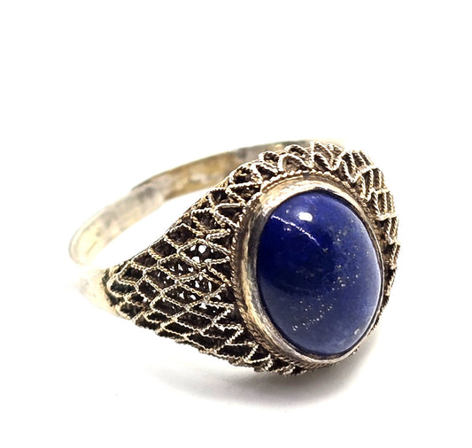 Lapis Lazuli Chinese Export vintage vermeil sterling spun silver ring size 8