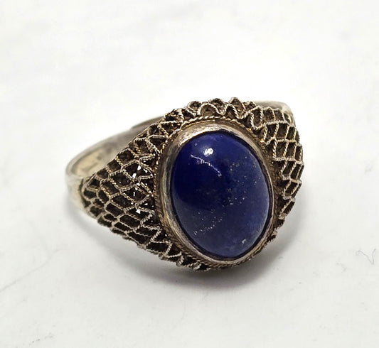 Lapis Lazuli Chinese Export vintage vermeil sterling spun silver ring size 8