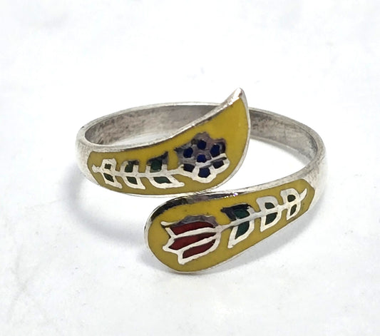 Siam yellow Neilloware enamel sterling silver torsade vintage wrap ring size 7.5