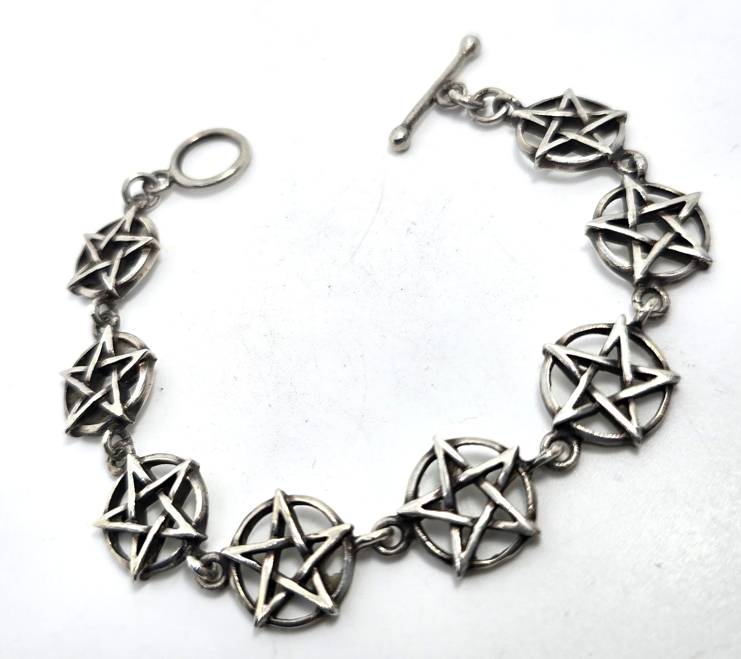 Pentacle star large circle sterling silver vintage retro linked bracelet 7" inches