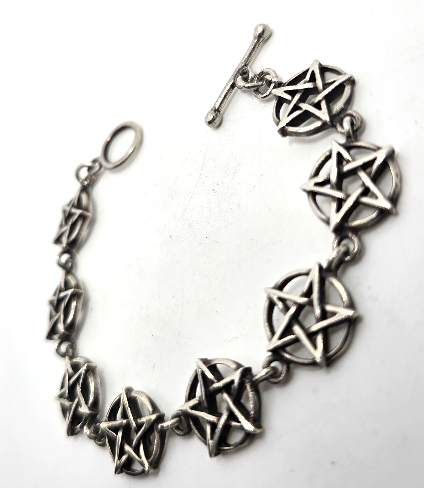 Pentacle star large circle sterling silver vintage retro linked bracelet 7" inches