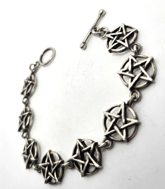 Pentacle star large circle sterling silver vintage retro linked bracelet 7" inches
