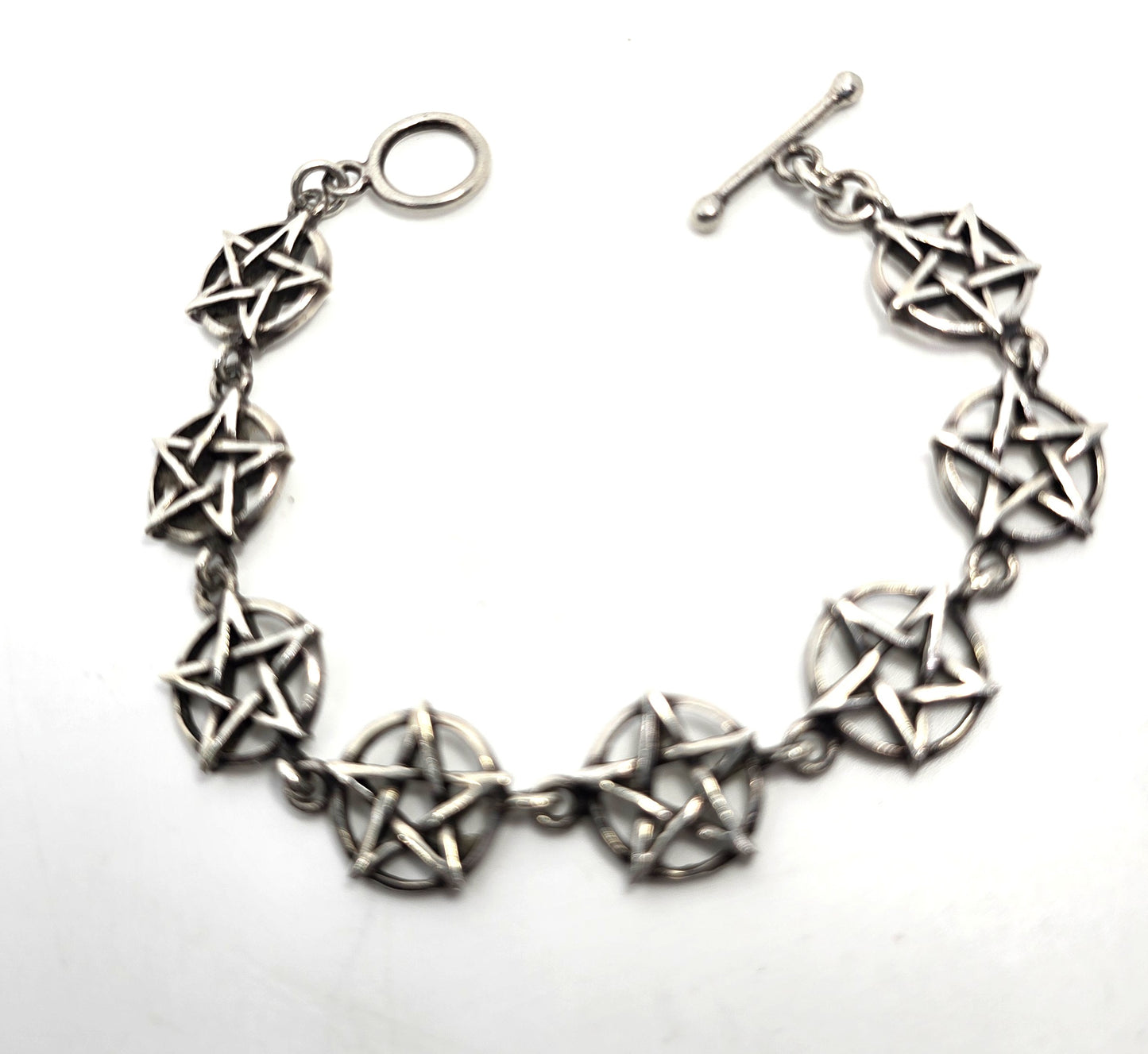 Pentacle star large circle sterling silver vintage retro linked bracelet 7" inches