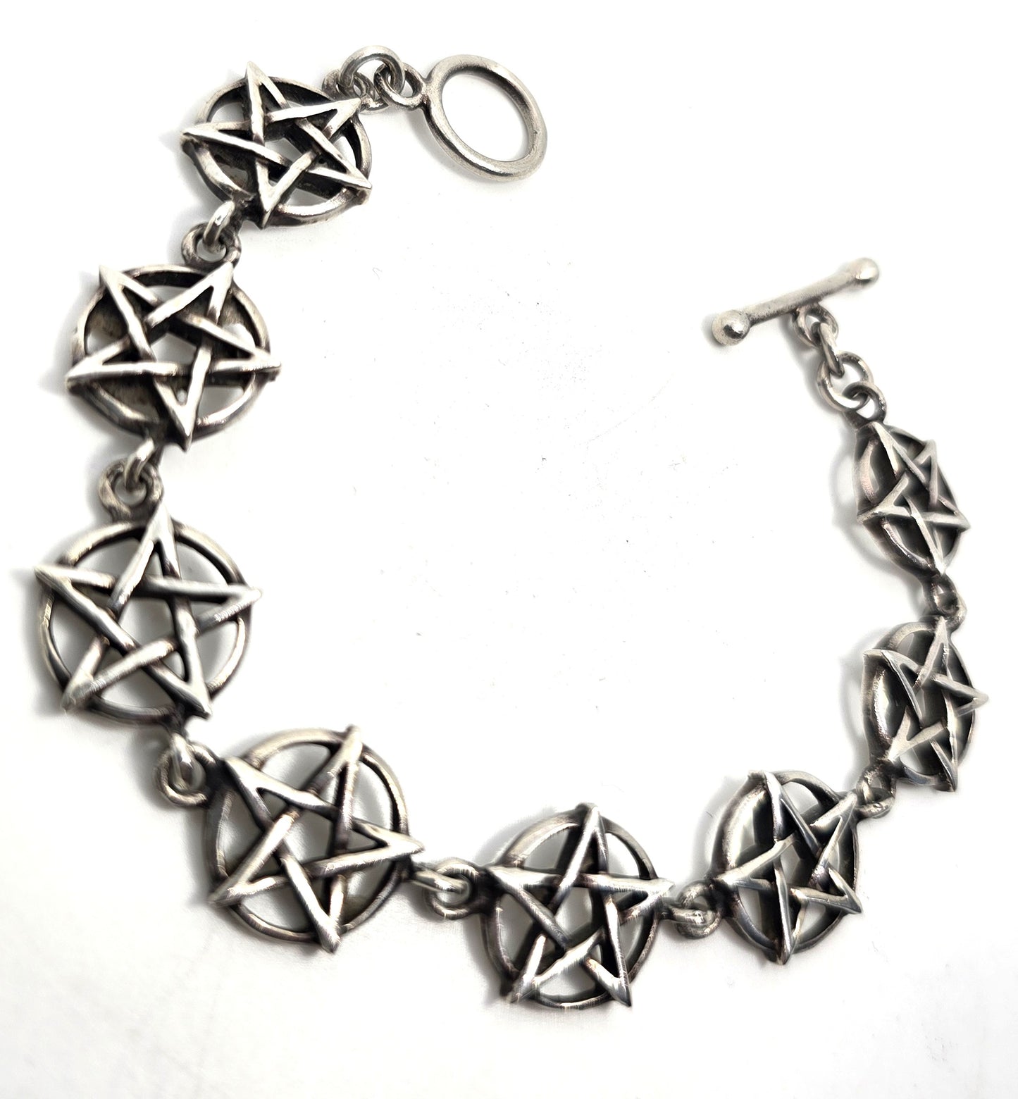 Pentacle star large circle sterling silver vintage retro linked bracelet 7" inches