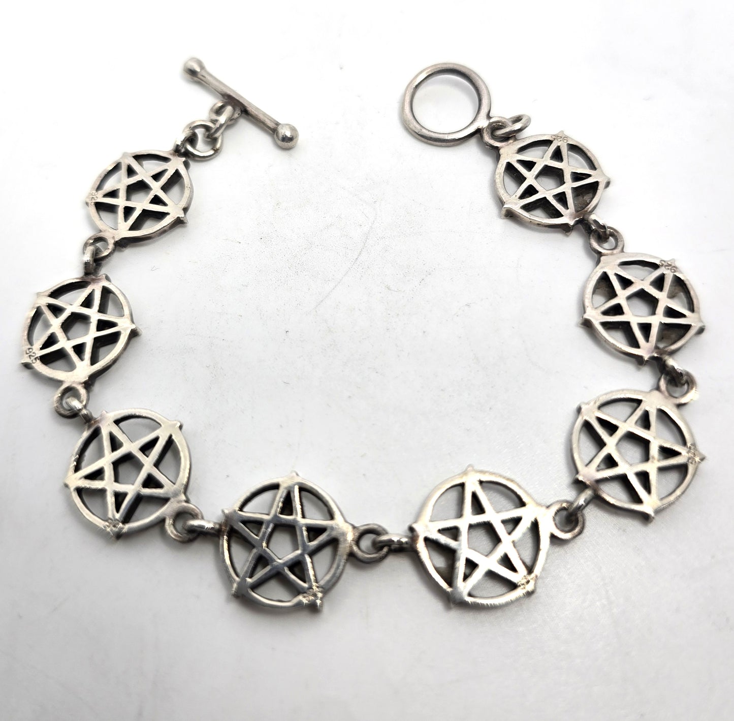 Pentacle star large circle sterling silver vintage retro linked bracelet 7" inches