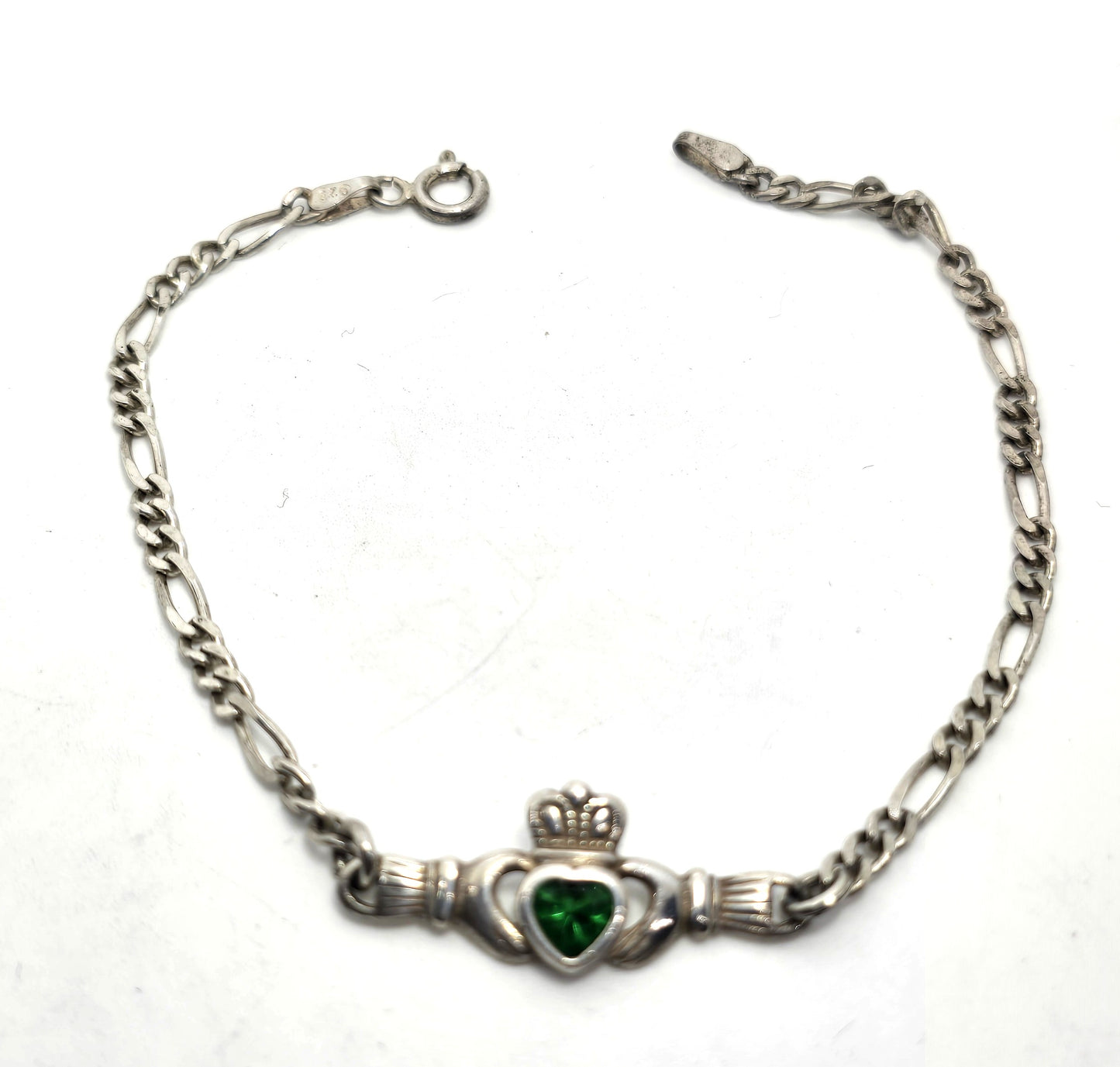 Claddagh Celtic Irish heart in hands green stone vintage sterling silver bracelet