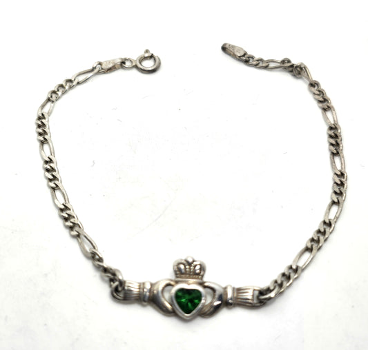 Claddagh Celtic Irish heart in hands green stone vintage sterling silver bracelet