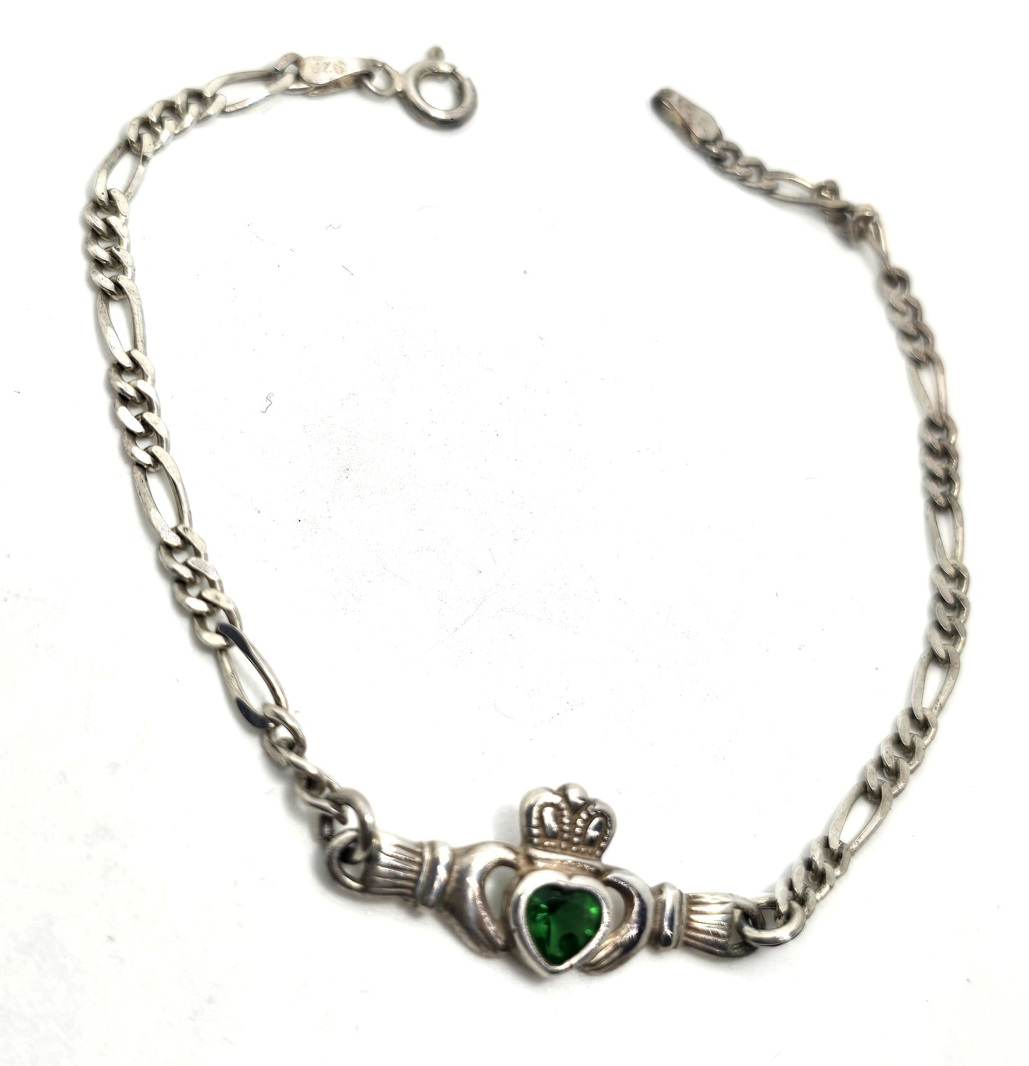 Claddagh Celtic Irish heart in hands green stone vintage sterling silver bracelet