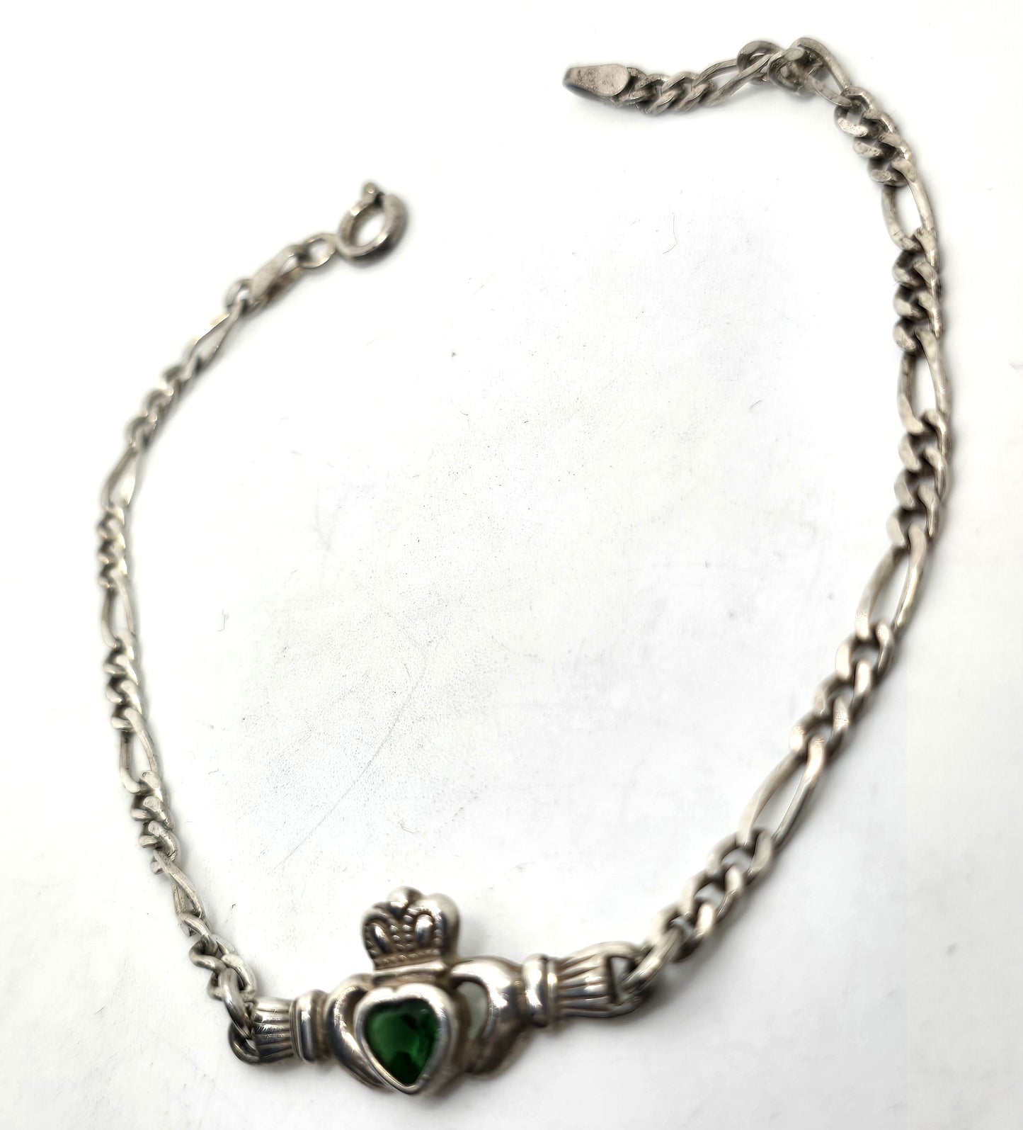 Claddagh Celtic Irish heart in hands green stone vintage sterling silver bracelet