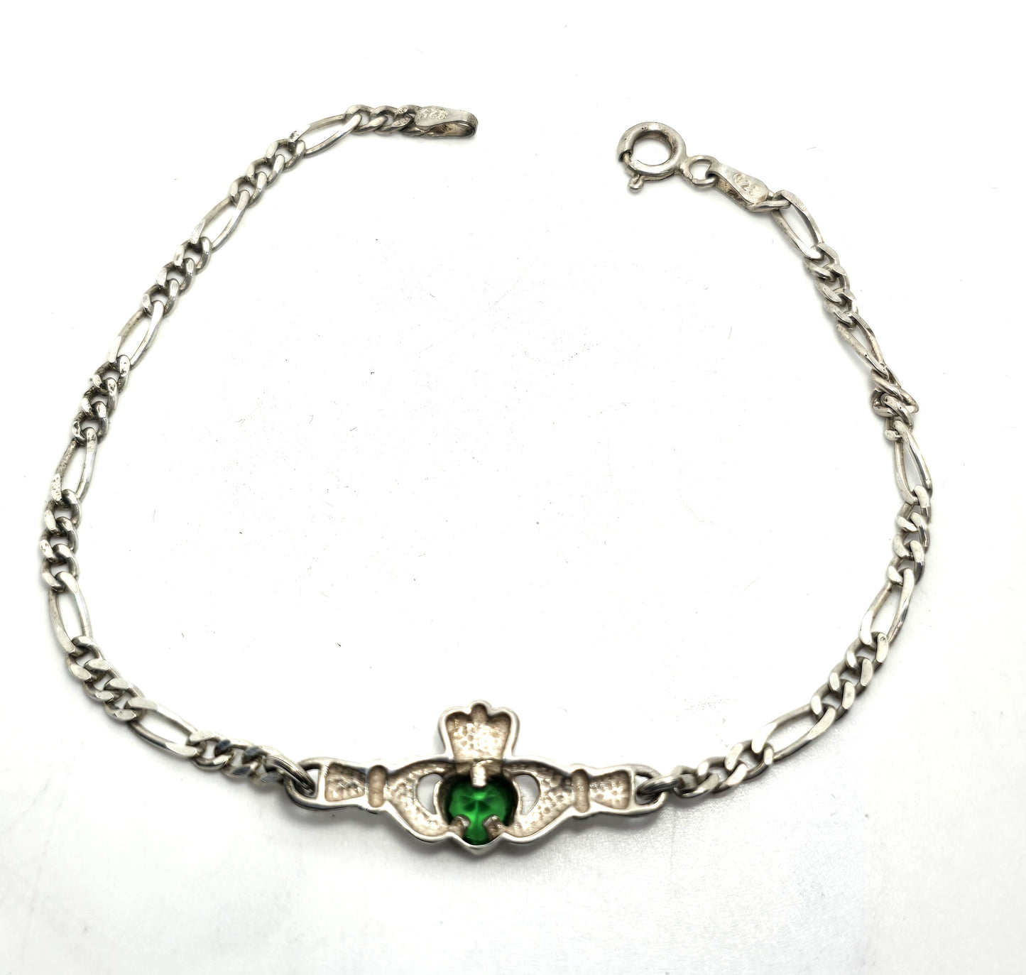 Claddagh Celtic Irish heart in hands green stone vintage sterling silver bracelet