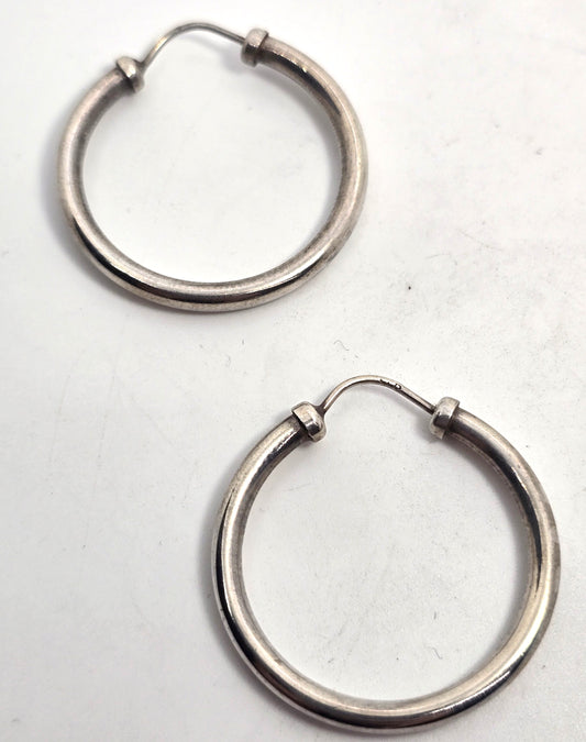 Thick tube vintage sterling silver 1 and 1/4" inch threaded hoop earrings