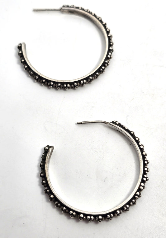 Lois Hill XL Bali Balinese Granulated sterling silver medium 30mm hoop earrings
