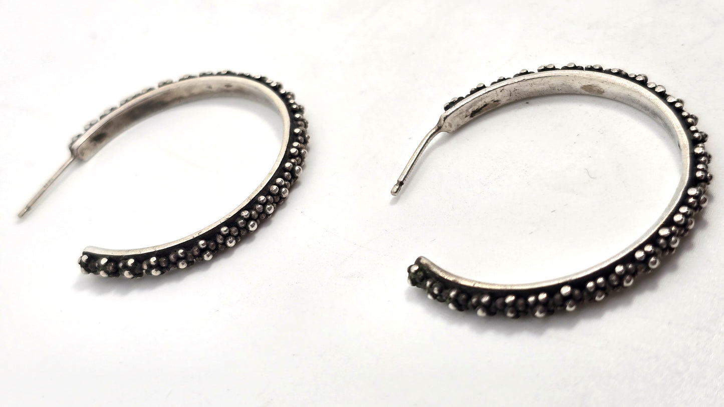 Lois Hill XL Bali Balinese Granulated sterling silver medium 30mm hoop earrings