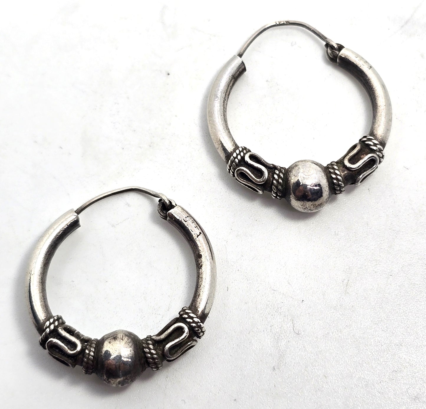 Tribal Balinese large thick sterling silver internal thread hollow vintage hoop earrings