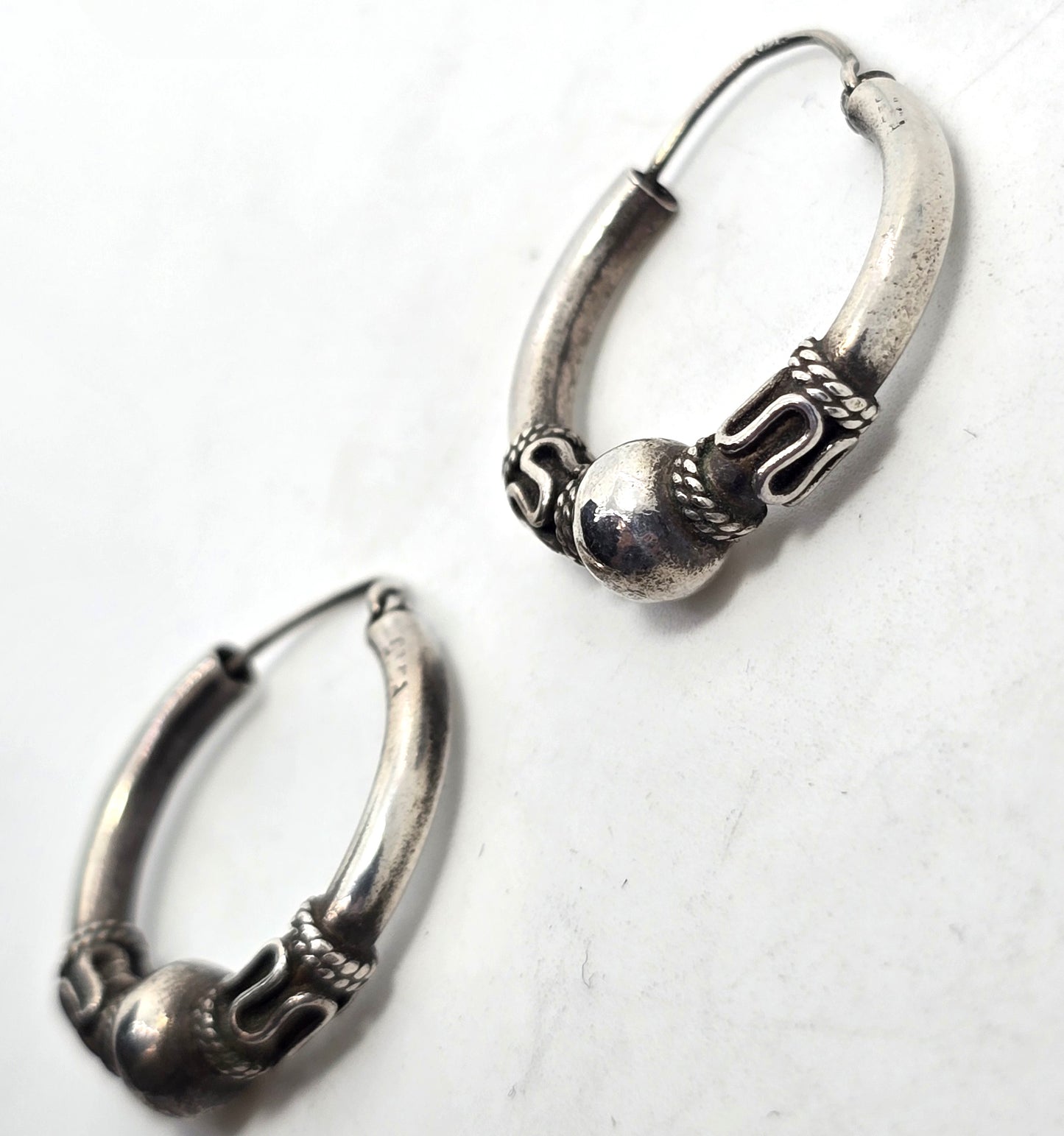 Tribal Balinese large thick sterling silver internal thread hollow vintage hoop earrings
