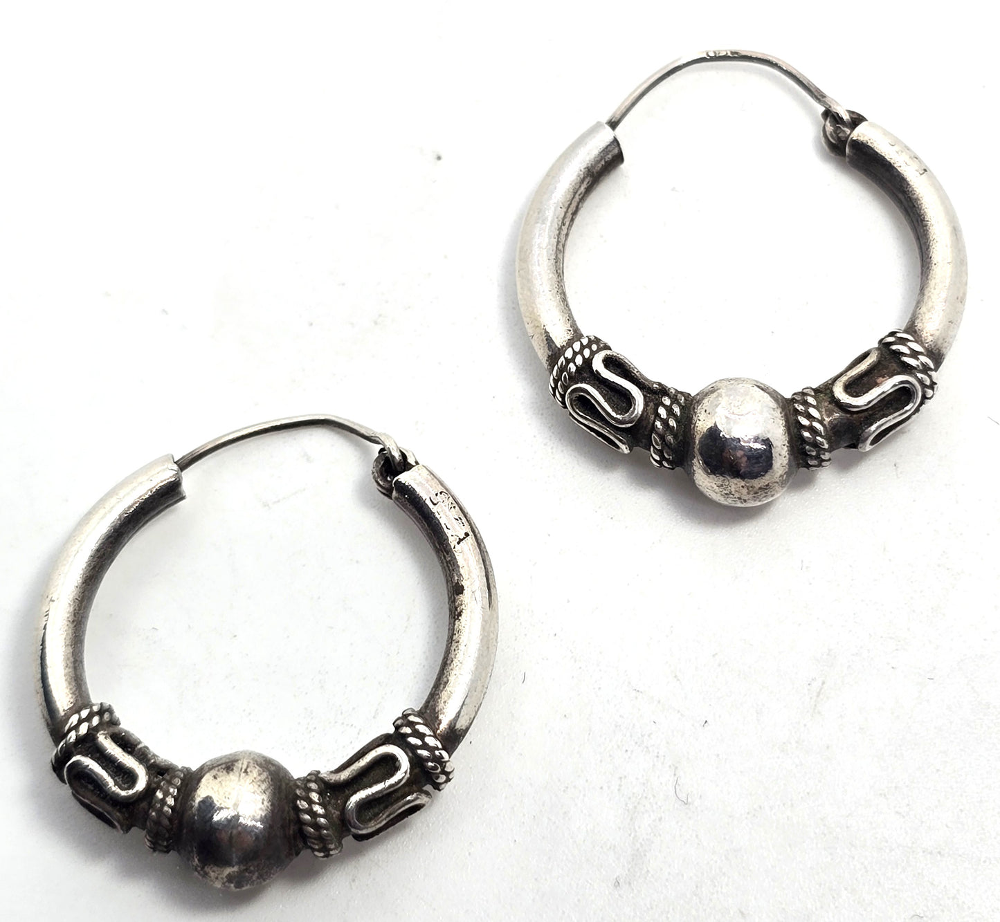 Tribal Balinese large thick sterling silver internal thread hollow vintage hoop earrings