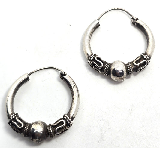 Tribal Balinese large thick sterling silver internal thread hollow vintage hoop earrings