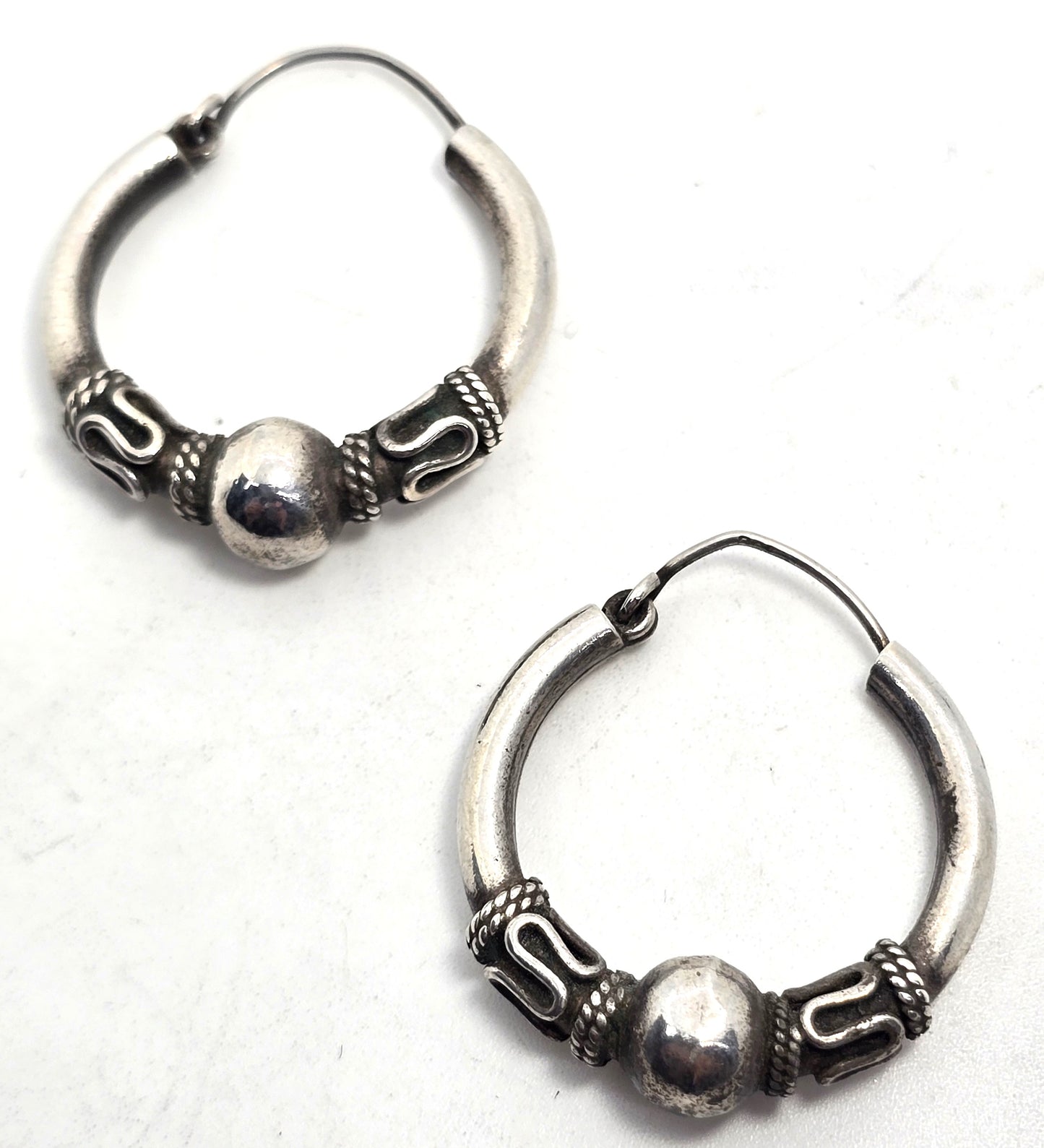 Tribal Balinese large thick sterling silver internal thread hollow vintage hoop earrings