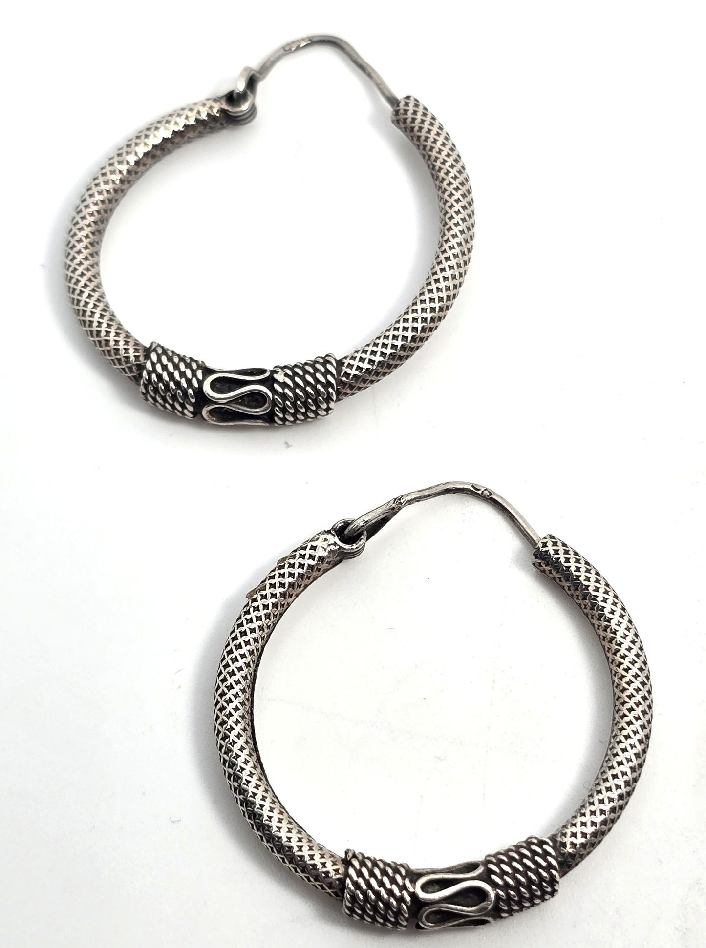 Tribal Balinese large thick sterling silver internal thread hollow vintage hoop earrings