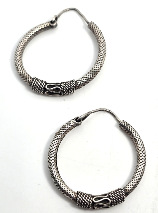 Tribal Balinese large thick sterling silver internal thread hollow vintage hoop earrings