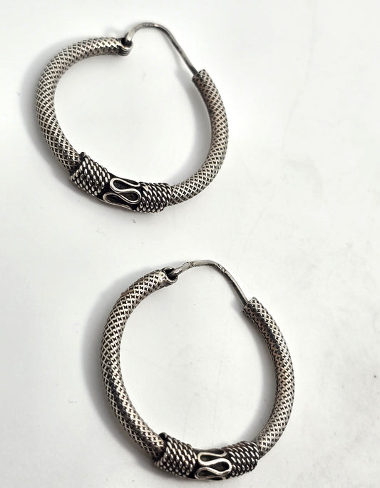 Tribal Balinese large thick sterling silver internal thread hollow vintage hoop earrings