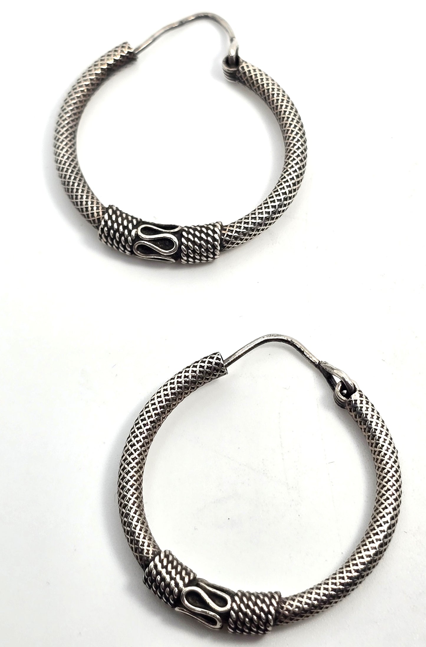 Tribal Balinese large thick sterling silver internal thread hollow vintage hoop earrings